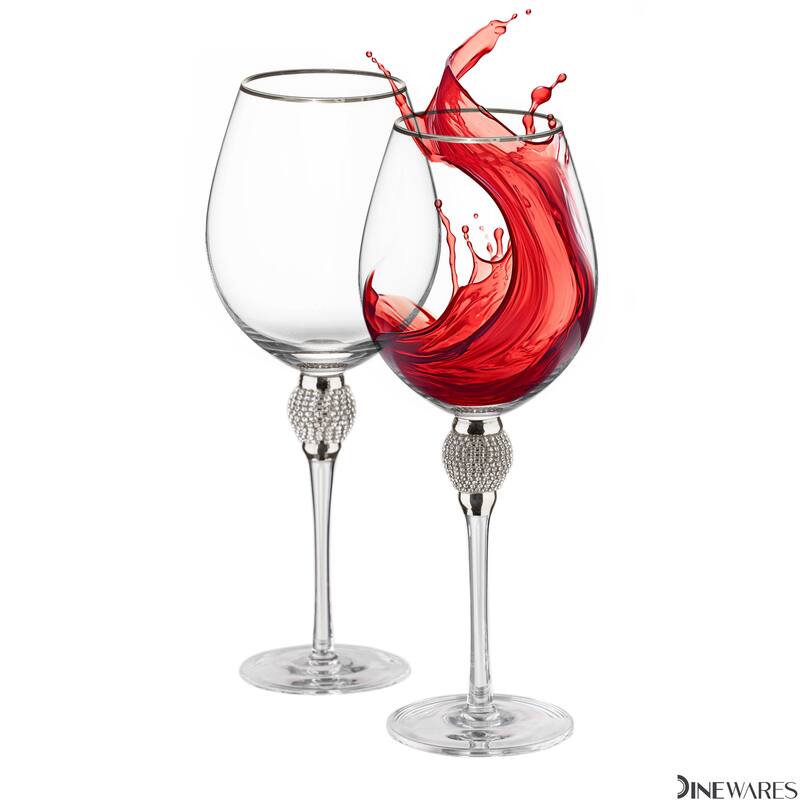 Rimmed Red Wine Glasses with Diamond Rhinestone Accent - 18 oz, 10 Inches Tall - Perfect Toasting Glasses for Bride and Groom - Set of 2 - Silver