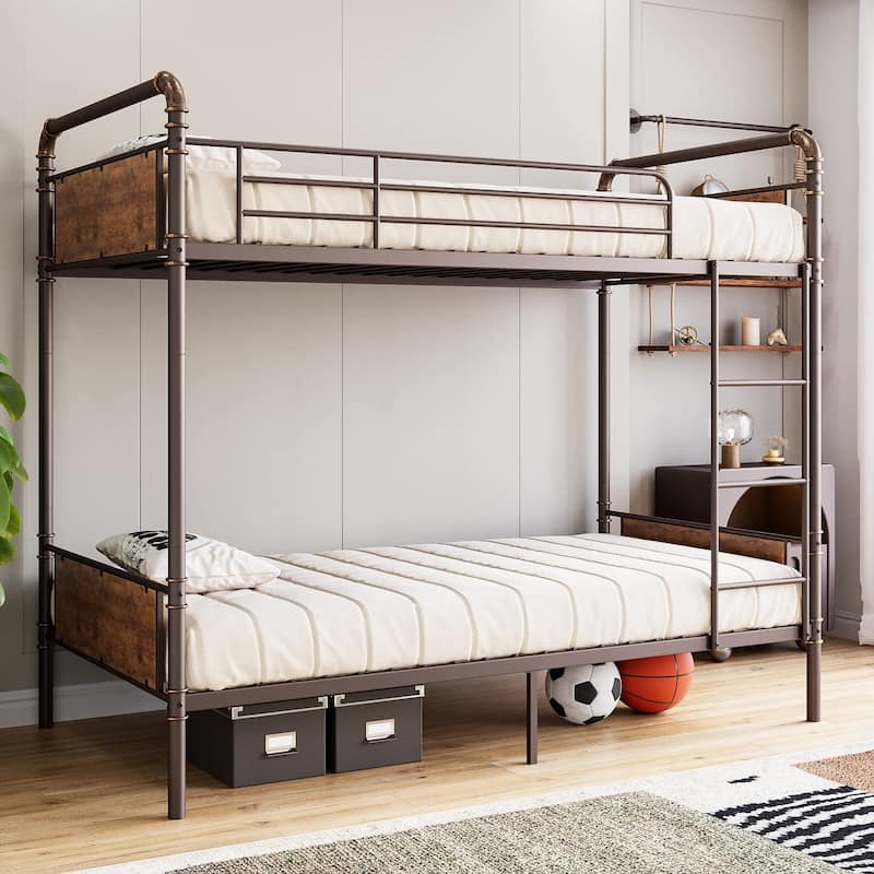 Heavy Duty Twin Size Convertible Bunk Bed with Guardrail & Ladders - Brown