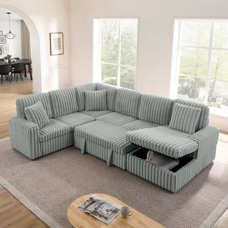 Corduroy Upholstered Reclining Sofa U-shaped Sleeper Sectional Couch with Pull Out Bed, Storage Chaise and Adjustable Backrests