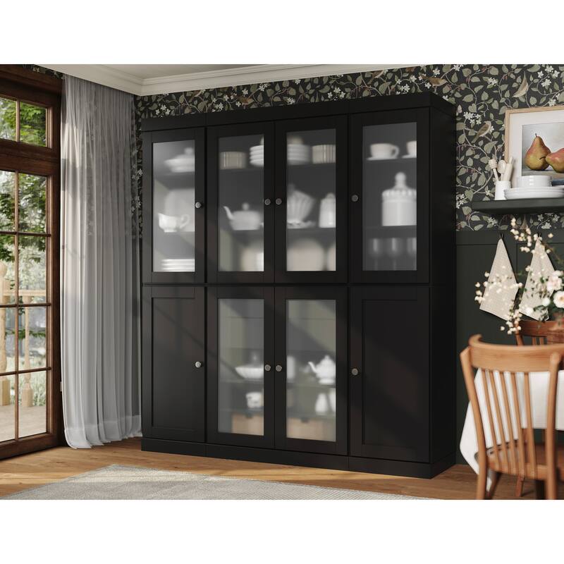 Palace Imports 100% Solid Wood 65" Pantry Cabinet with Frosted Glass, Shaker Doors, 2-Drawers and Adjustable Shelves - Black