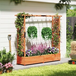 thumbnail image 2 of IRONMAX Raised Garden Bed With Trellis & Hanging Roof, Fir Wood Planter Box For Vegetables, Flower, Climbing Plants, Outdoor Garden Planter W/Drainage 2 of 13