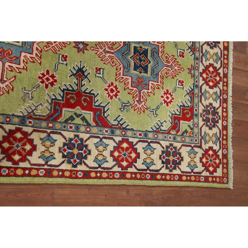 Pistachio Green Geometric Kazak Accent Rug Handmade Wool Carpet - 3'3" x 4'11"