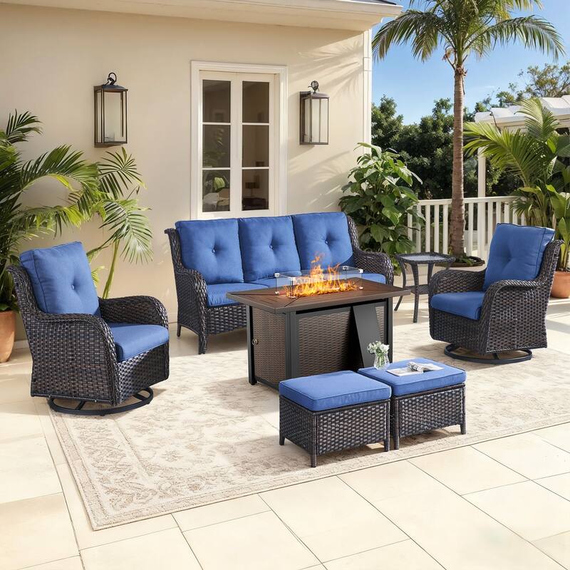 Gymojoy 7-Piece Patio Set w/ 55K BTU Fire Pit, 3-Seater Sofa, Swivel Rockers & Ottomans for Backyard, Deck