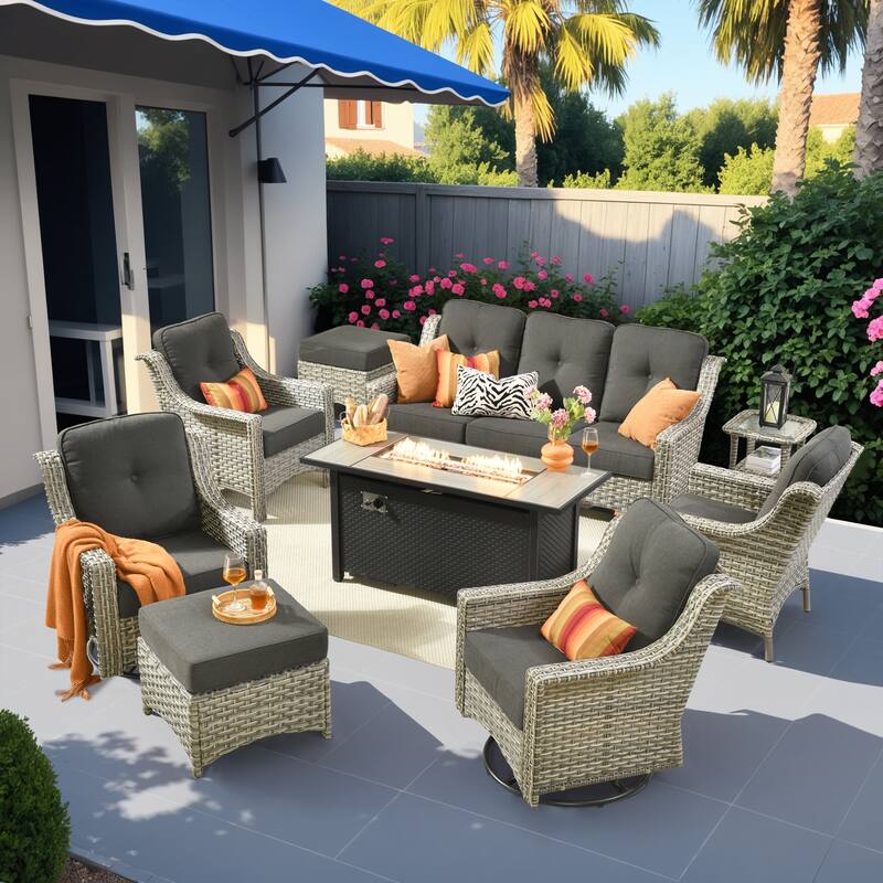 HOOOWOOO 9-piece Rattan Outdoor High Backrest Swivel Chair Set with 54"Fire Pit - Black