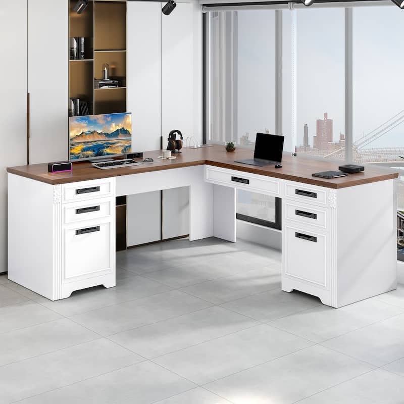 Moasis Farmhouse L Shaped Executive Desk Lift Top Office Desk with Drawers and Cabinet - White