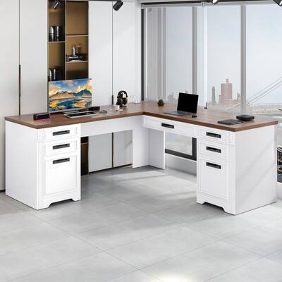 Moasis Farmhouse L Shaped Executive Desk Lift Top Office Desk with Drawers and Cabinet