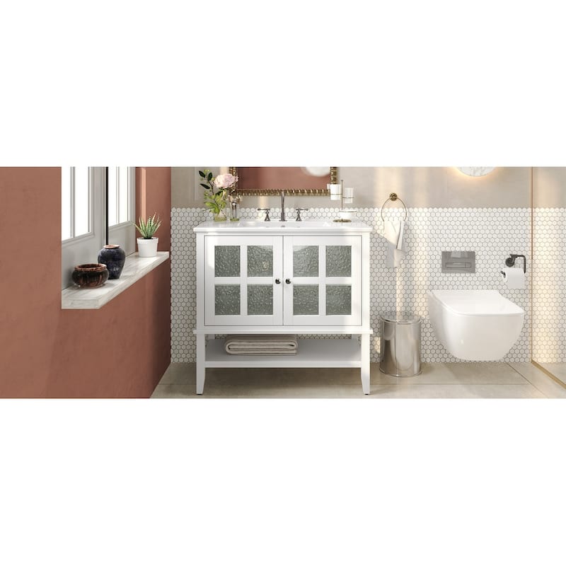 Roomfitters 36" Contemporary Bathroom Vanity with Ceramic Sink, Textured Glass Doors, Adjustable Shelf and Open Storage