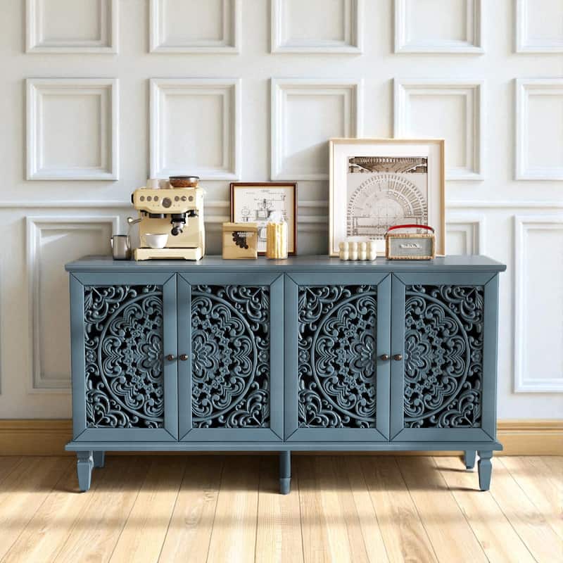 60" Antique Buffet Sideboard with Floral Carvings, Solid Wood Legs, Brass Handles & Adjustable Shelves, TV Stand up to 65" - Antique Blue