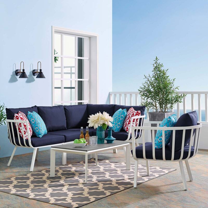 Riverside 4 Piece Outdoor Patio Aluminum Sectional Set with Armchair and Table - White Navy