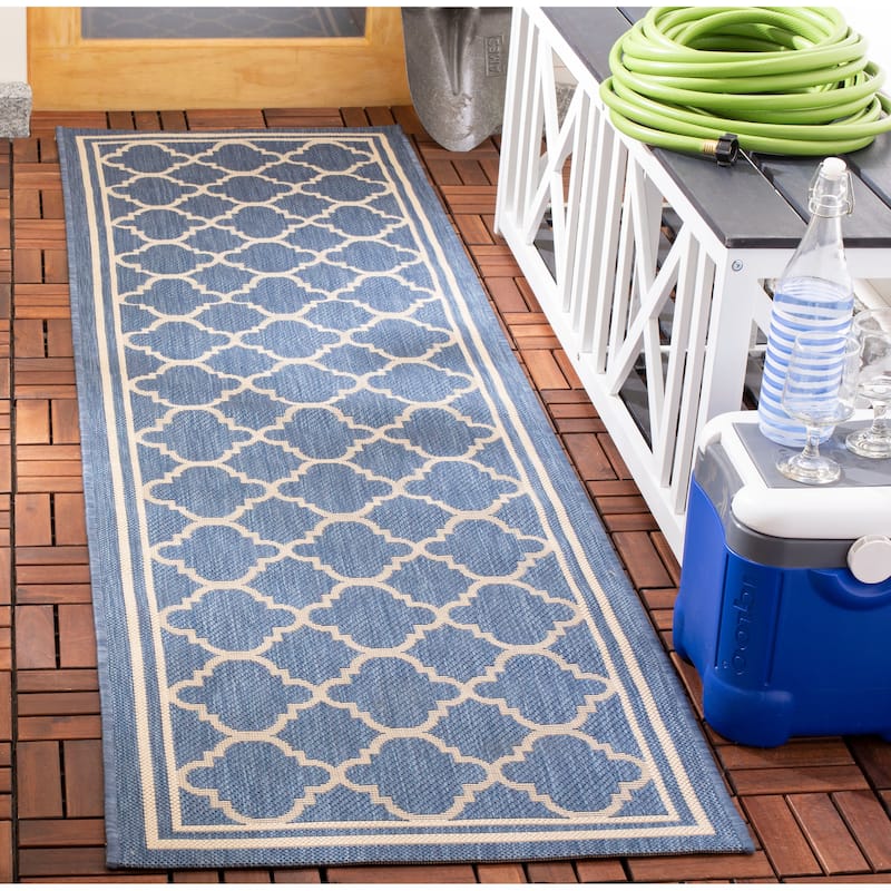 SAFAVIEH Courtyard Kristelle Indoor/ Outdoor Waterproof Patio Backyard Rug - 2'3" x 6'7" Runner - Blue/Beige
