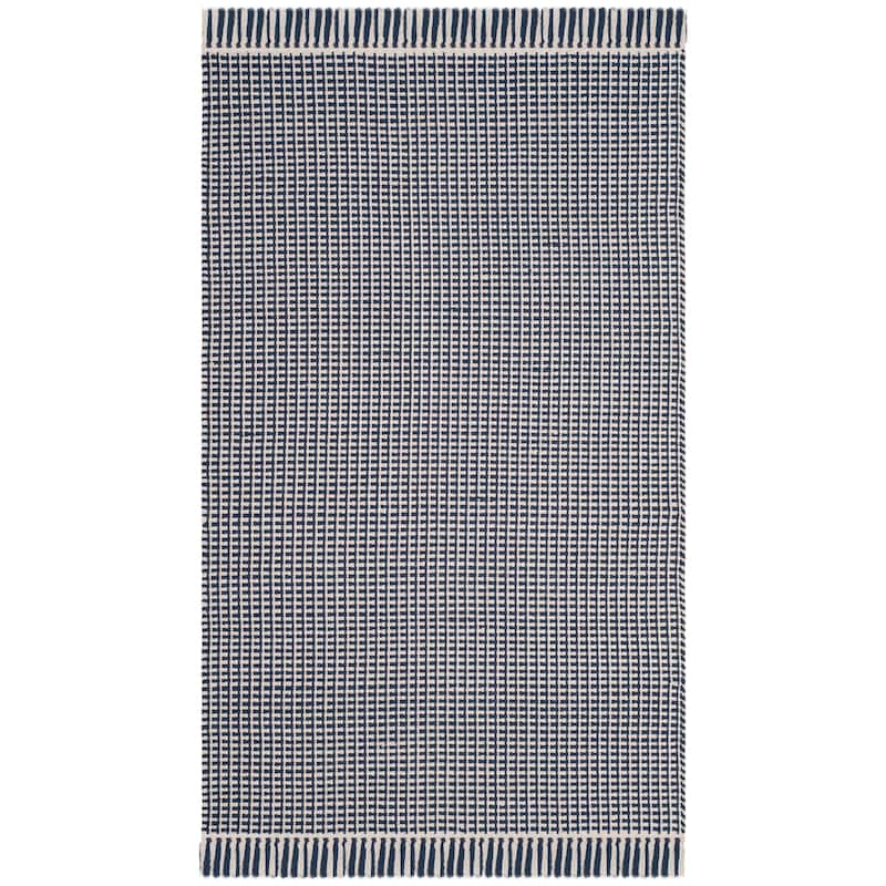 SAFAVIEH, Handmade Montauk Cliff Stripe Flatweave Cotton Fringe Rug - 2'3" x 4' - Ivory/Navy
