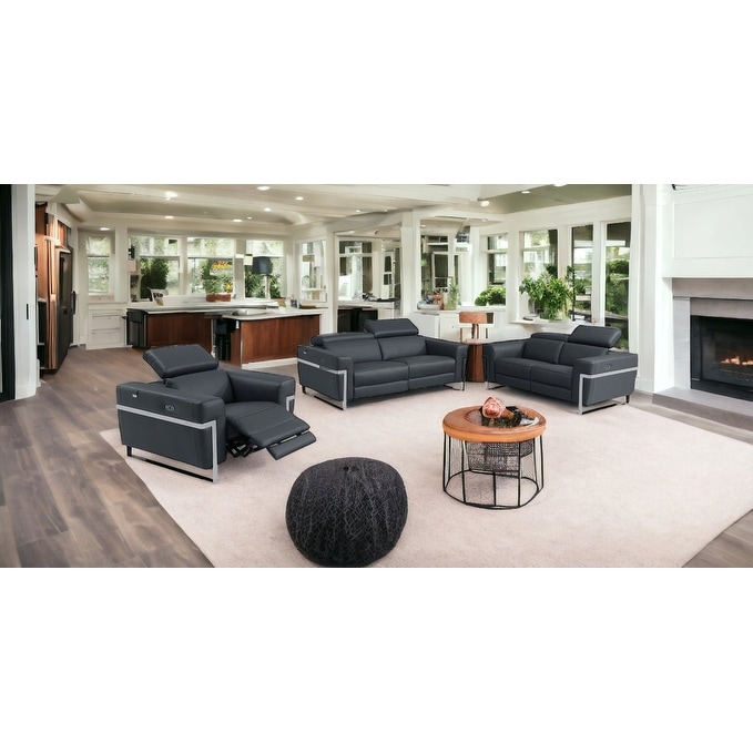 Three Piece Indoor Dark Gray Italian Leather Six Person Seating Set Three Piece Indoor Dark Gray Italian Leather Six Person Seating Set