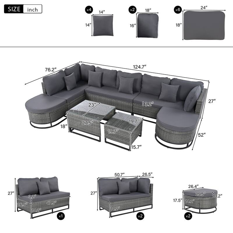 7 Piece Large Size Outdoor Wicker Conversation Set, Free Combination, All Weather PE Rattan Sectional Sofa with 2 Coffee Table