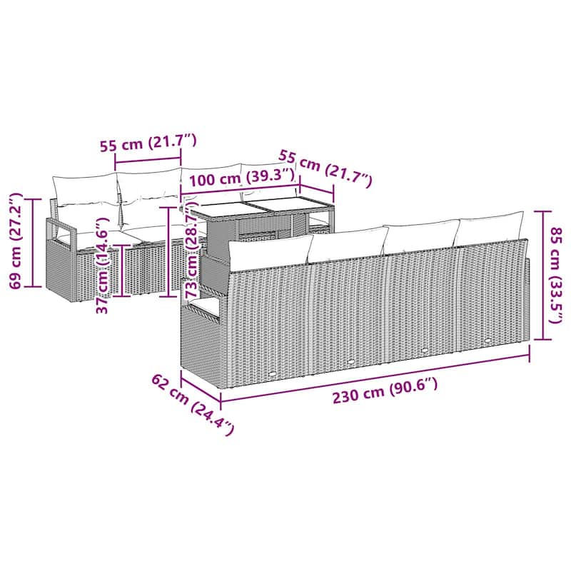 vidaXL 9 Piece Garden Sofa Set with Cushions - 90.6×24.4×27.2