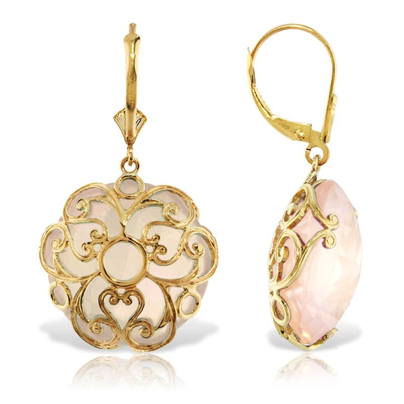 14K Solid Gold Leverback Gemstone Earrings Round Rose Quartz