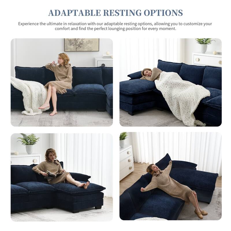 [VIDEO provided][New]118*55" Modern L-shaped Chenille Cloud Sofa with Double Seat Cushions,5-seat Upholstered Indoor Furniture,S