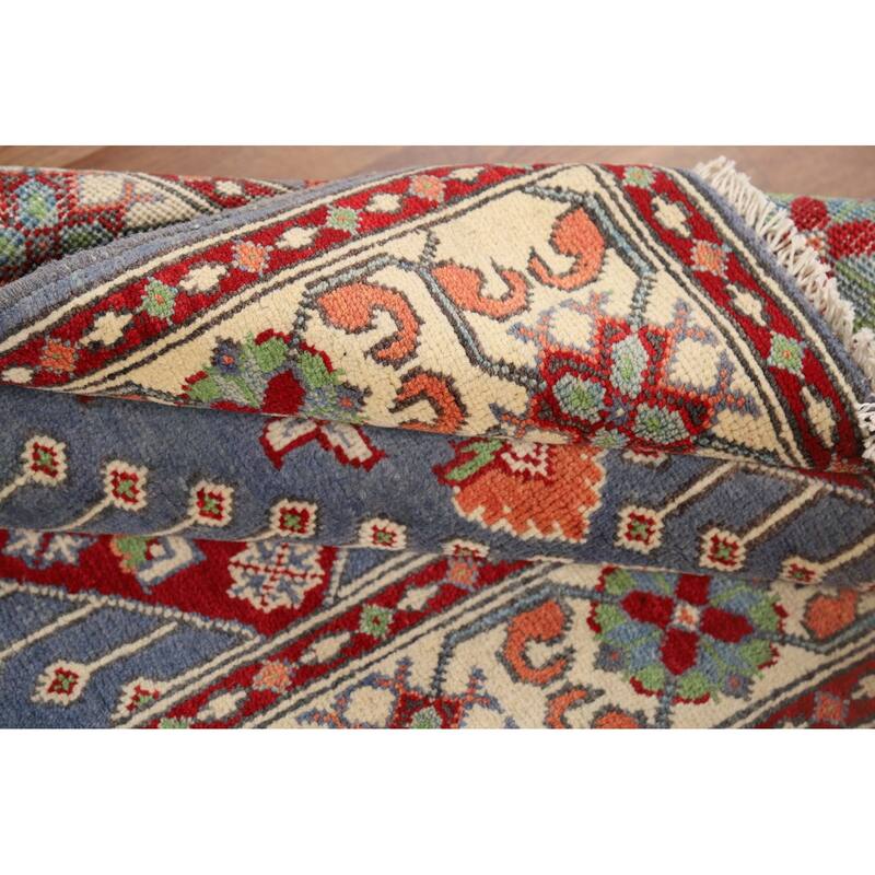 Geometric Blue Kazak Oriental Foyer Rug Hand-Knotted Wool Carpet - 3'4" x 4'11"