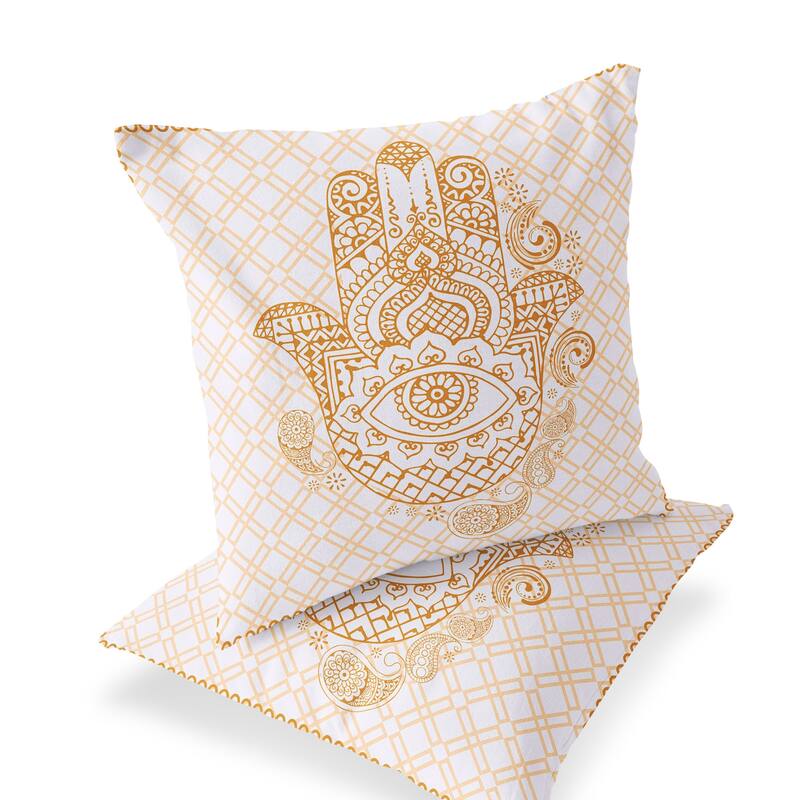 HomeRoots Set of Two 16" X 16" Gold and White Blown Seam Hamsa Indoor Outdoor Throw Pillow - 16.00' X '16.00' X '5.00