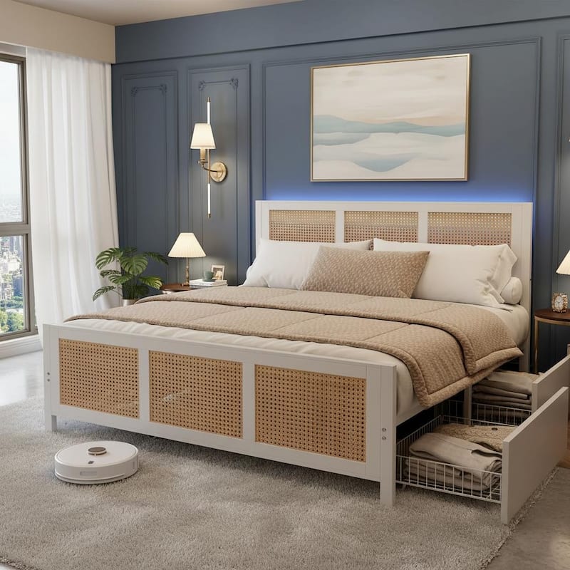 Rattan Bed Frame with Headboard, with 4 Drawers - White - Queen
