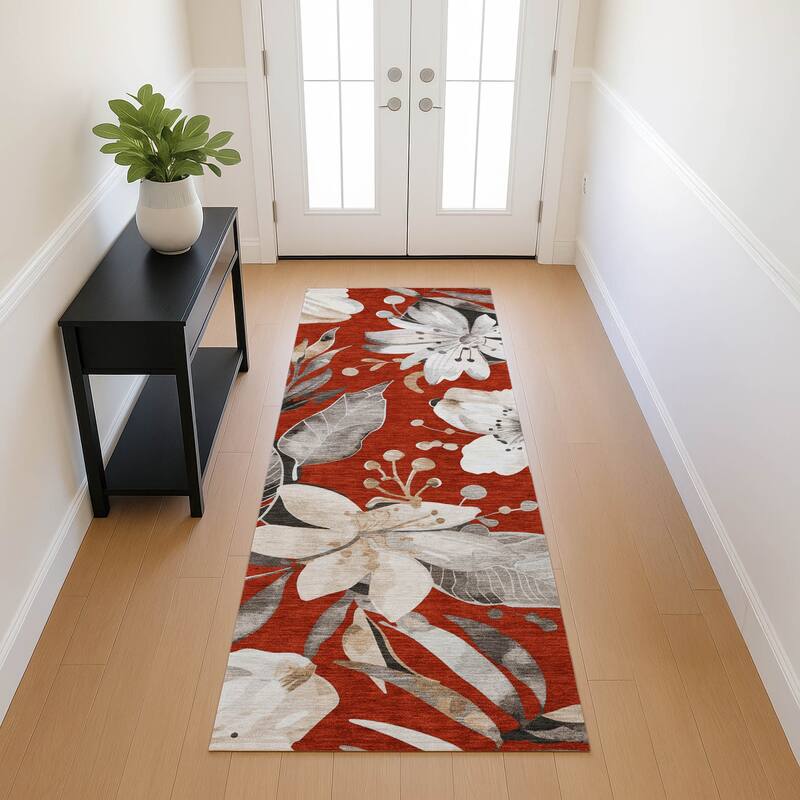 Machine Washable Indoor/ Outdoor Floral Chantille Rug