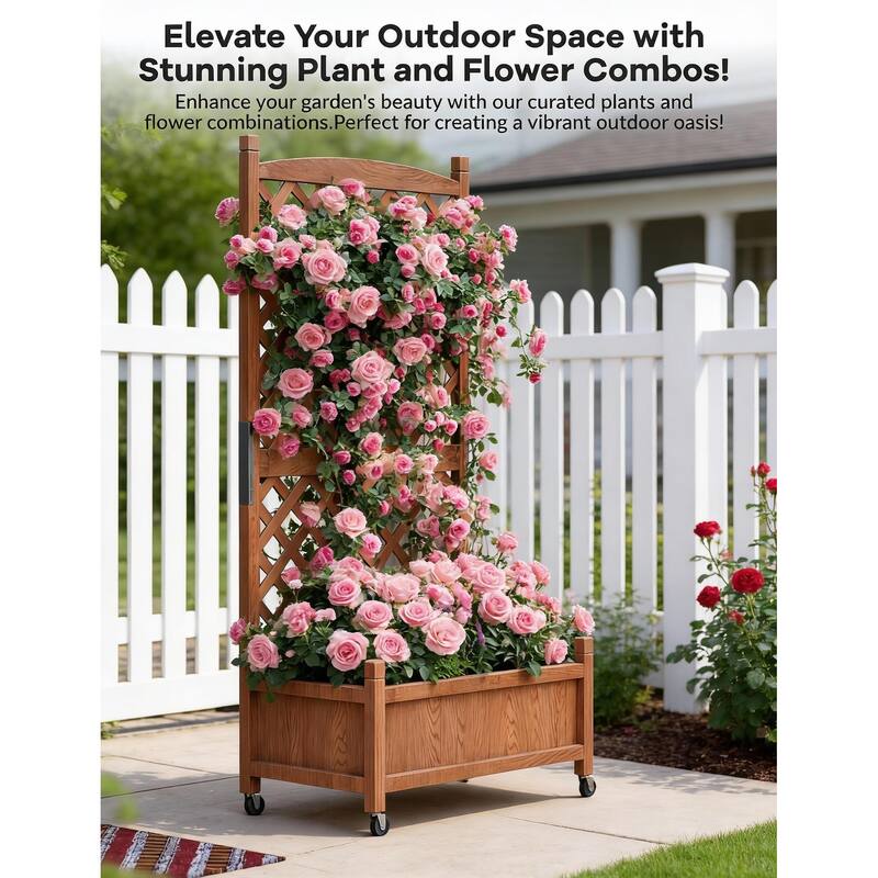 Wooden Planter Box, with Trellis, Locking Wheels and Drainage Holes