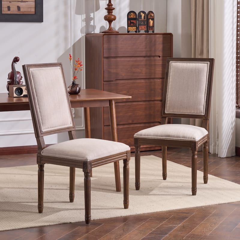 Christopher Knight Home - French Country Dining Chairs Set with Upholstered Backrest & Upholstered Seats with Fluted Legs - Set of 2 - Beige + Walnut