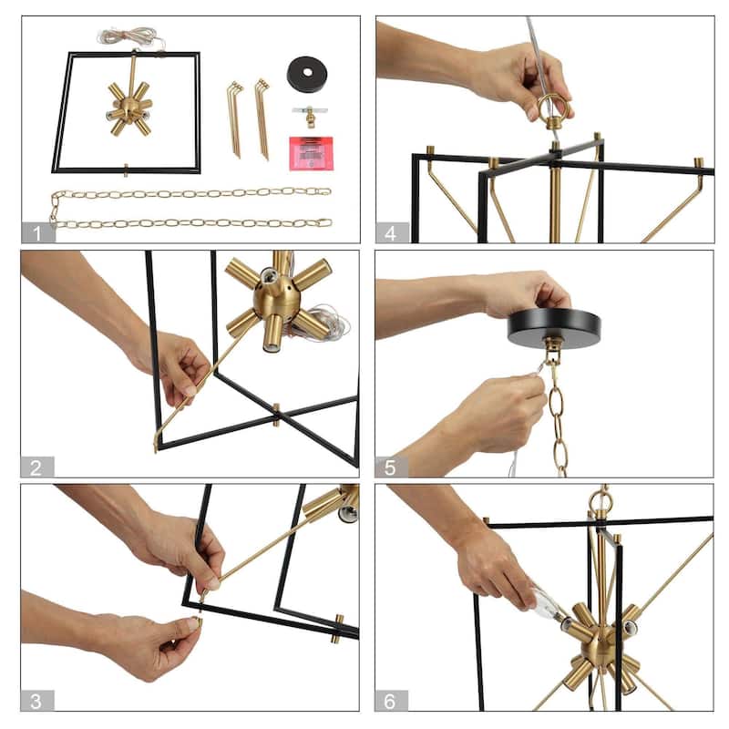 Modern 8-Light Black Gold Sputnik Chandelier Metal Geometric Pendant Lights for Dining Room - 16" L x 15" W x 18" H