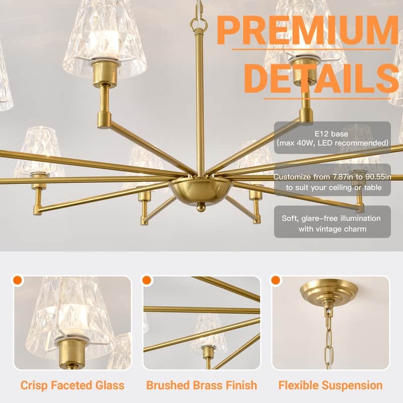 Adjustable Brass Chandelier Modern Mid-Century Pendant Light with Glass Shades for Dining Room Kitchen Island