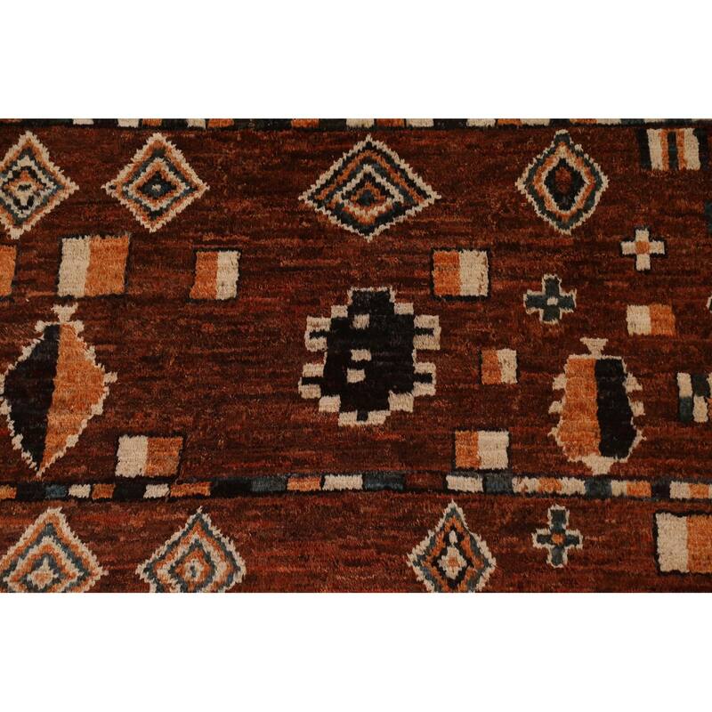 Hand Knotted Oriental 100% Wool Carpet Modern Tribal Brown Moroccan Area Rug - 9' 6'' X 6' 9''