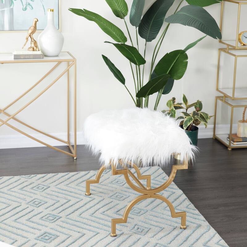 Grey or White Gold Metal Frame Plush Fabric Glam Vanity Bench Stool