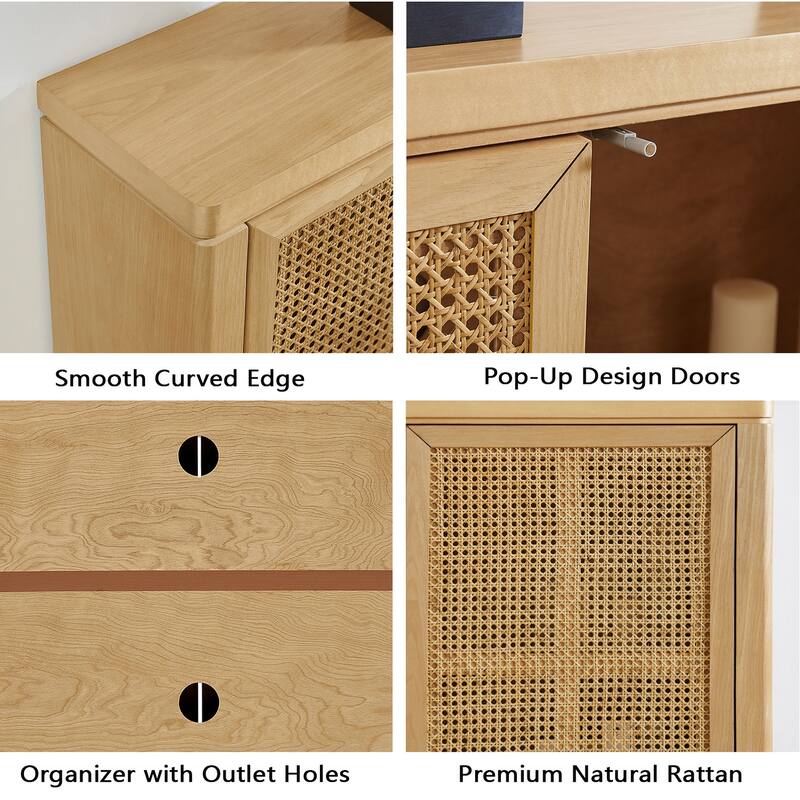 39.4" Retro Rattan Sideboard Buffet Cabinet with 2 Outlet Holes, Mid-Century Modern Coffee Bar Credenza Wood Accent Cabinet