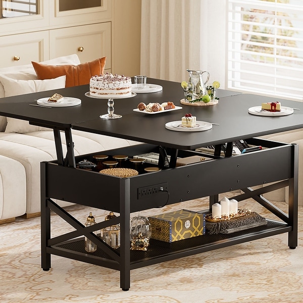 Lift Top Coffee Table with LED Lights and USB Port, Modern