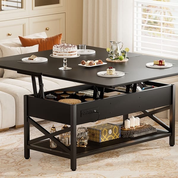Lift Top Coffee Table with LED Lights and USB Port, Modern Farmhouse Convertible Dining Table - Black