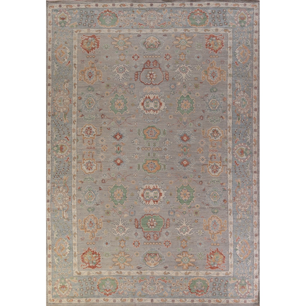 Hand Knotted Oriental 100% Wool Carpet Transitional All-Over Greys & Charcoal Oushak Area Rug - 13' 4'' X 9' 11''
