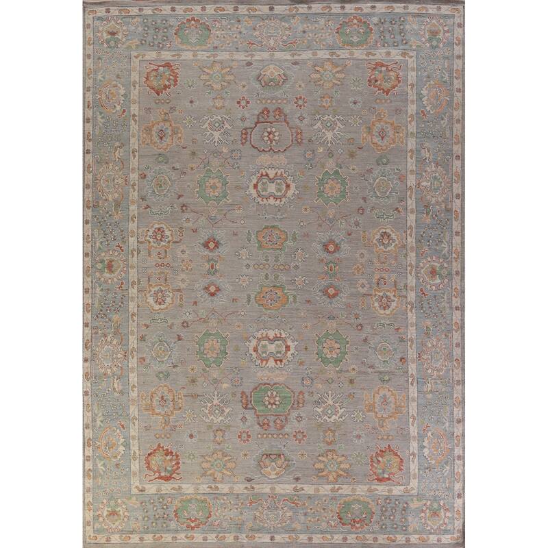 Hand Knotted Oriental 100% Wool Carpet Transitional All-Over Greys & Charcoal Oushak Area Rug - 13' 4'' X 9' 11''