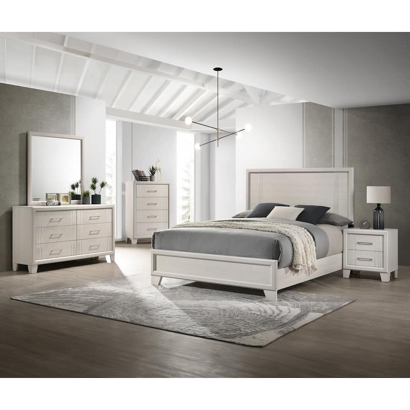 Queen Size Panel Bed with White/Beige Finish and Wood Veneer