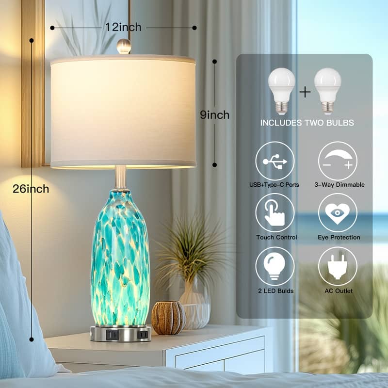 26'' Coastal-Inspired Blue Table Lamp with Dual Lighting & Charging Hub(Set of 2) - 12'' x 12'' x 26''