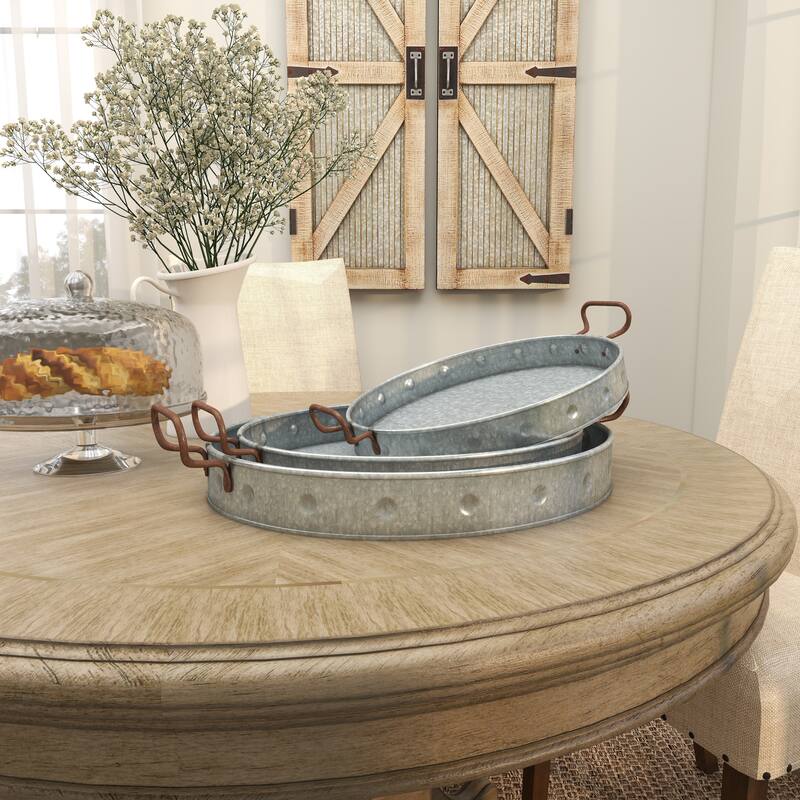 Gray Metal Galvanized Oval Living Room Decor Tray with Rust Handles (Set of 3)