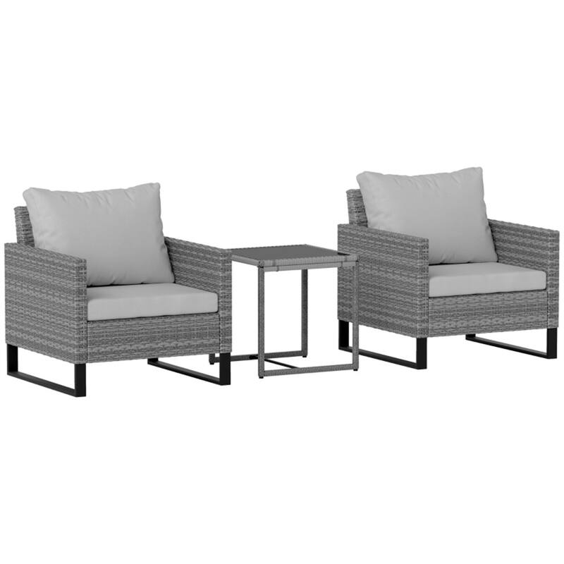 Modern 3 Piece PE Rattan Wicker Grey Outdoor Patio Furniture 2 Chairs with Cushions and Table - 26.8" W x 26" D x 29.5" H