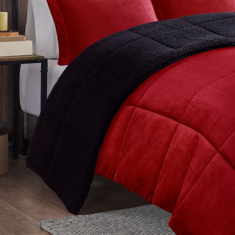 GDF Studio - Alton Plush to Sherpa Down Alternative Comforter Set - Red & Black.
