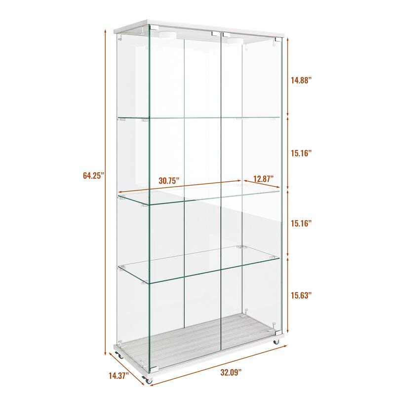 Modern 2-Door Glass Display Cabinet with LED Lights, 4-Shelf Tempered Glass Showcase for Collectibles and Storage