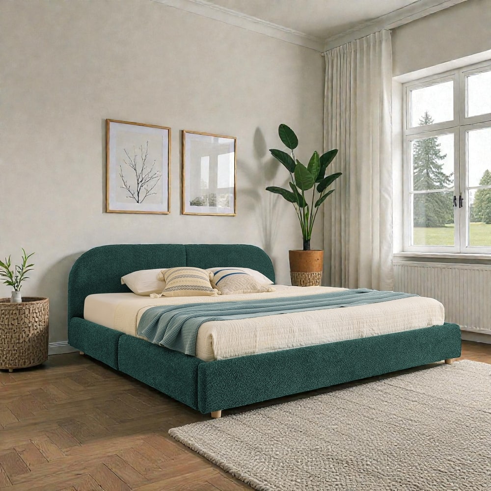 Upholstered Bed Frame with Tall Curved Headboard and Storage Drawers, Modern Minimalist Platform Bed No Box Spring