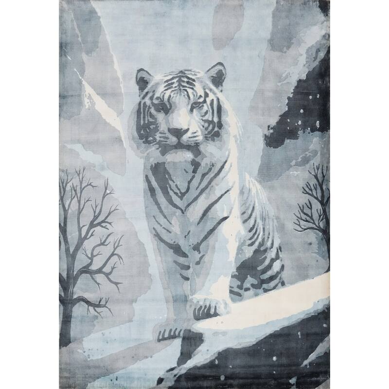 Hand Knotted Oriental Viscose Silk Carpet Modern Animal Pictorial Greys & Charcoal Abstract Area Rug - 7' 10'' X 5' 10''