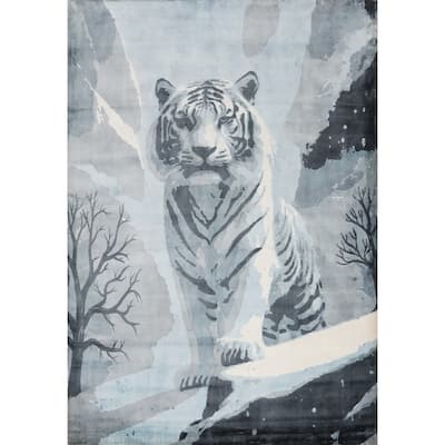 Hand Knotted Oriental Viscose Silk Carpet Modern Animal Pictorial Greys & Charcoal Abstract Area Rug - 7' 10'' X 5' 10''