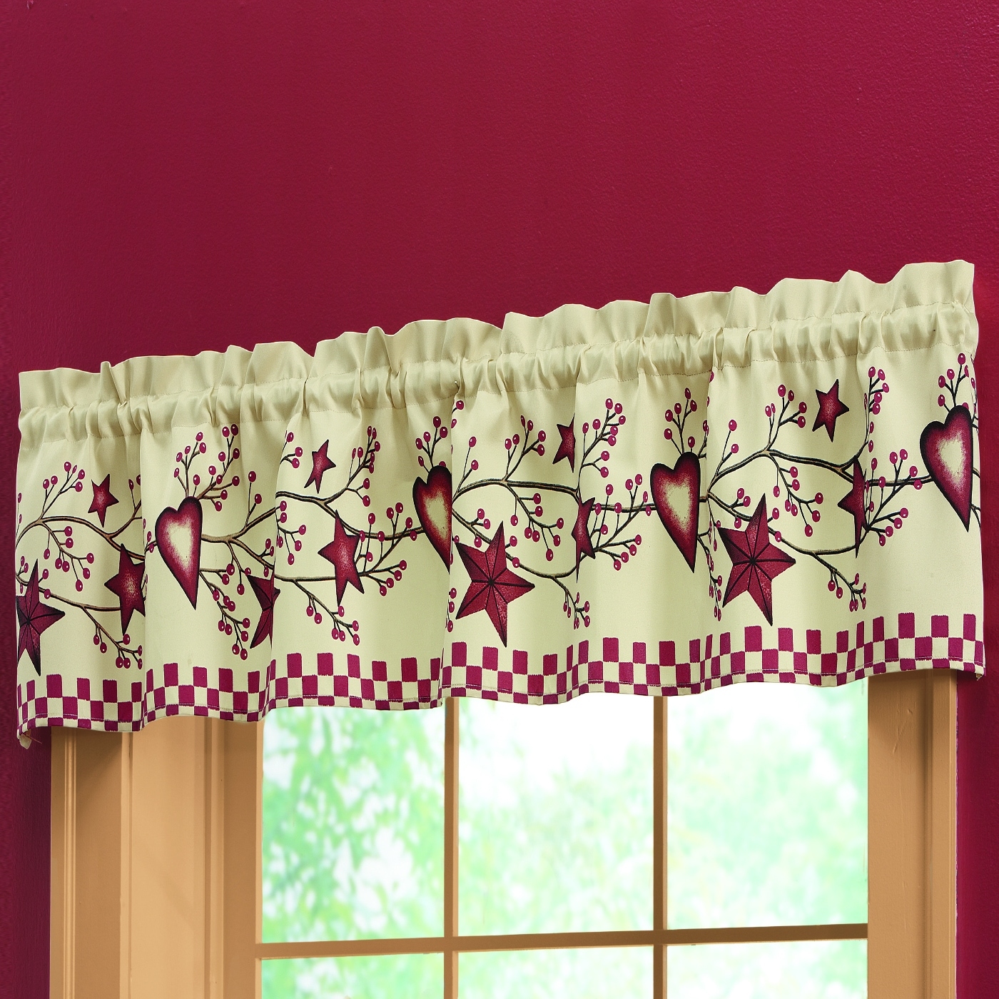 Primitive Country Heart Checkered Window Valance - 14