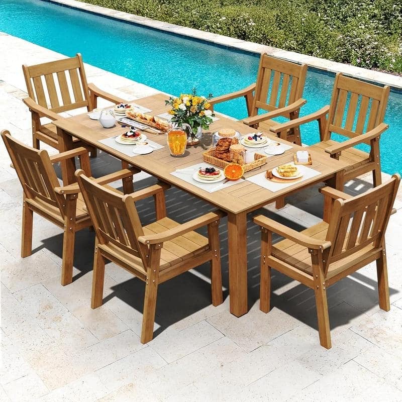 brown patio table 6 seater with umbrella WINSOON 7-Piece HIPS All Weather Outdoor Patio Dining Sets with Umbrella Hole& Aluminum Frame,1-Table 6-Chairs