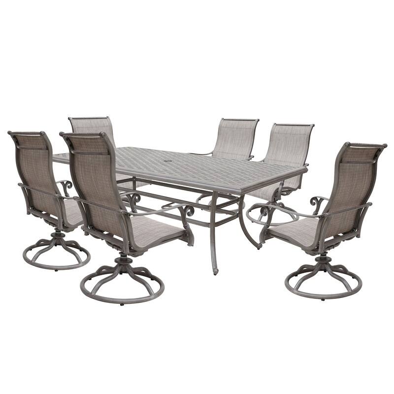 Yorkshire 7 Piece Aluminum Rectangle Dining Set with 6 Sling Swivel Chairs - Heritage Grey