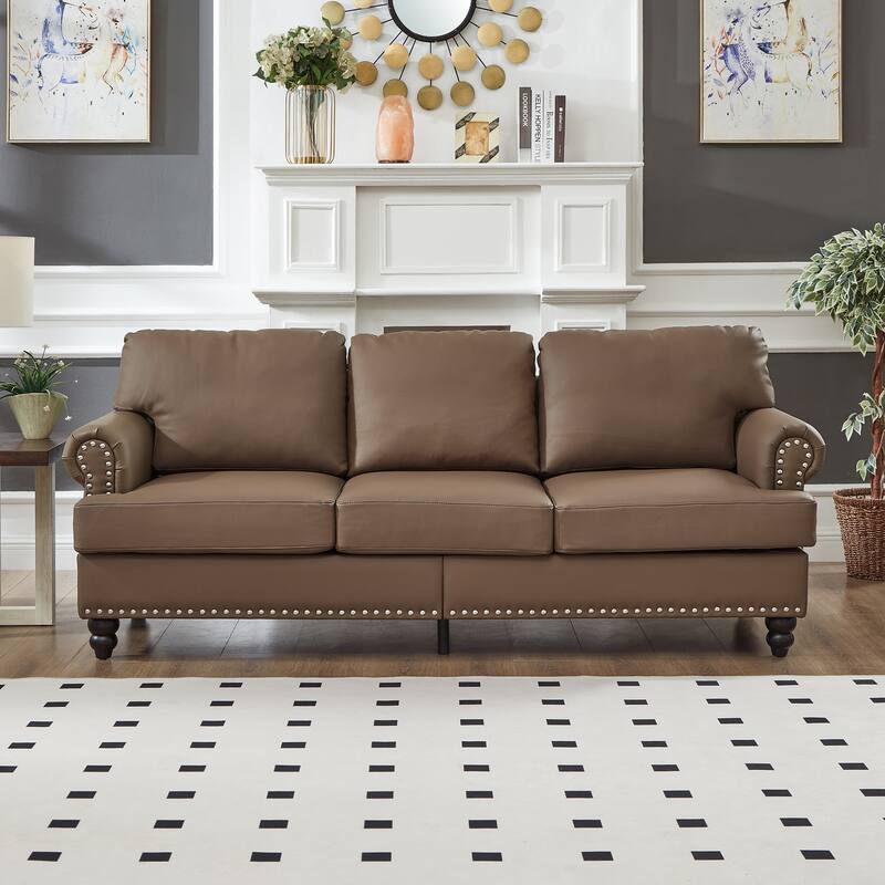 3 Seater Lounge Couch Imitation Cowhide Leather Deep Seat Sofa with Hidden Storage, Round Armrests with Silver Nailhead Trim - Brown