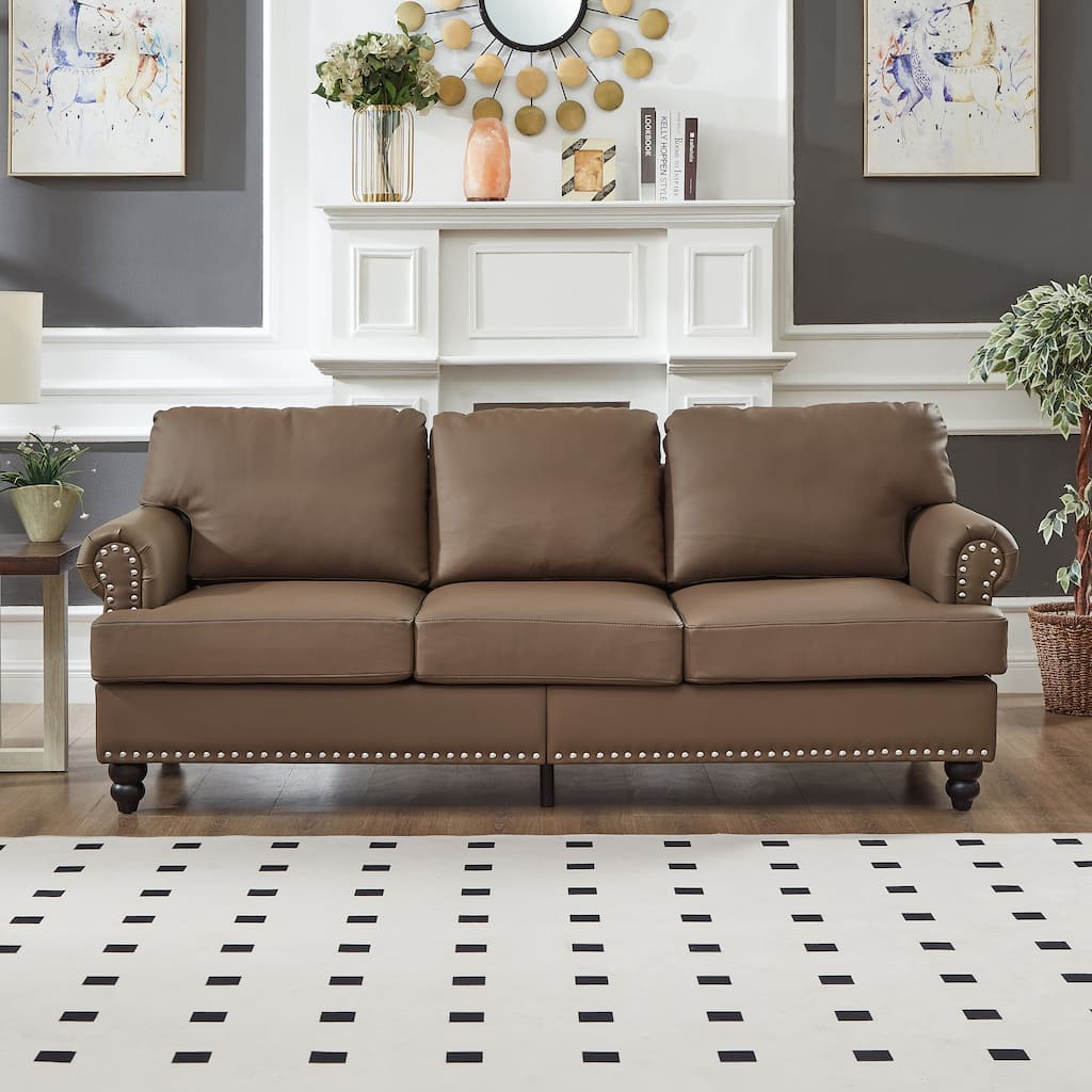3 Seater Lounge Couch Imitation Cowhide Leather Deep Seat Sofa with Hidden Storage, Round Armrests with Silver Nailhead Trim
