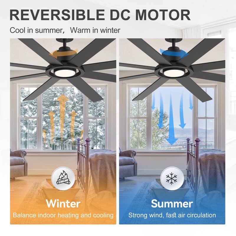 72 Inch 8-Blade Large Ceiling Fan with Dimmable LED Light and Remote